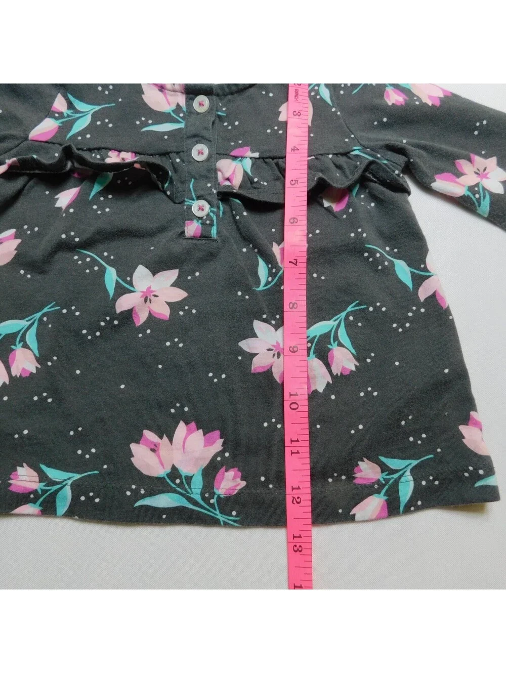 Carter's Baby Girl Long Sleeve Top Size 12M Charcoal Grey Pink Floral Ruffle Tee